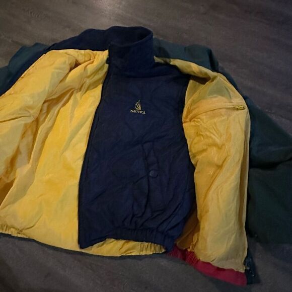 Vtg Nautica Mens 2 in 1 Coat Quilted Lined Layered Hidden Hood Colorblock Sz M - Picture 10 of 14